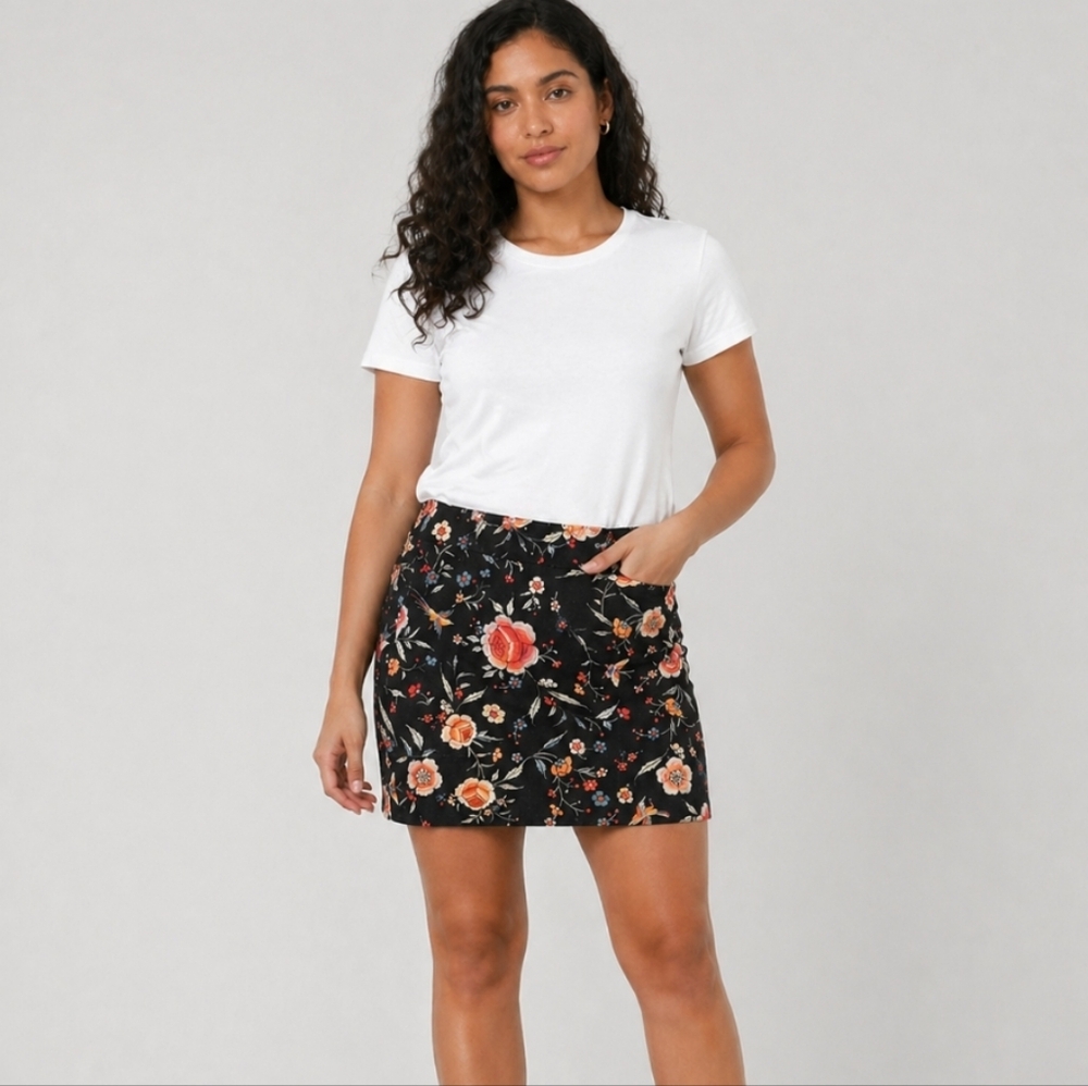PROMOD 6 Floral Bird Butterfly Exposed Back Zipper Mini Skirt